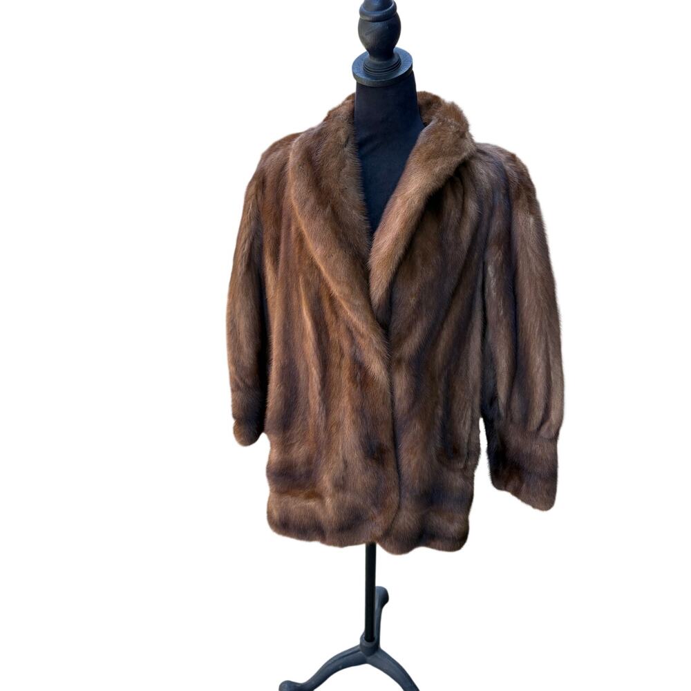 Vintage Mink Fur Jacket Chocolate Brown Shawl Collar Satin Lined